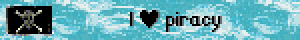 A sky blue banner with a black skull & crossbones pirate flag on the left, and the text: 'I (heart) piracy' in the center.